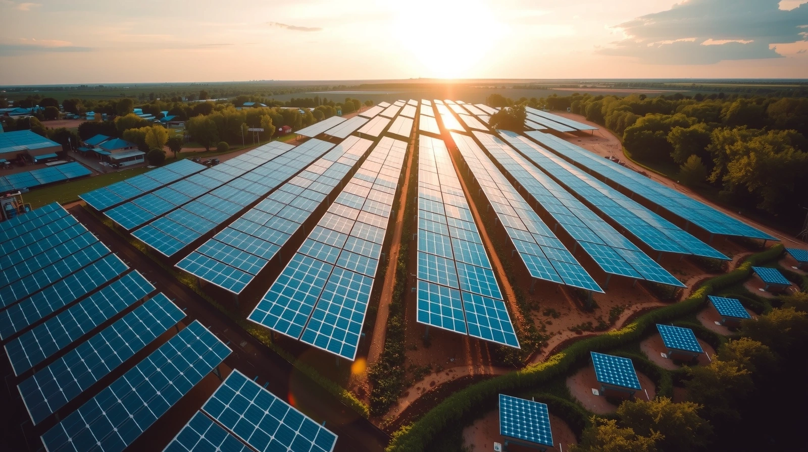 Expansive solar array at dusk